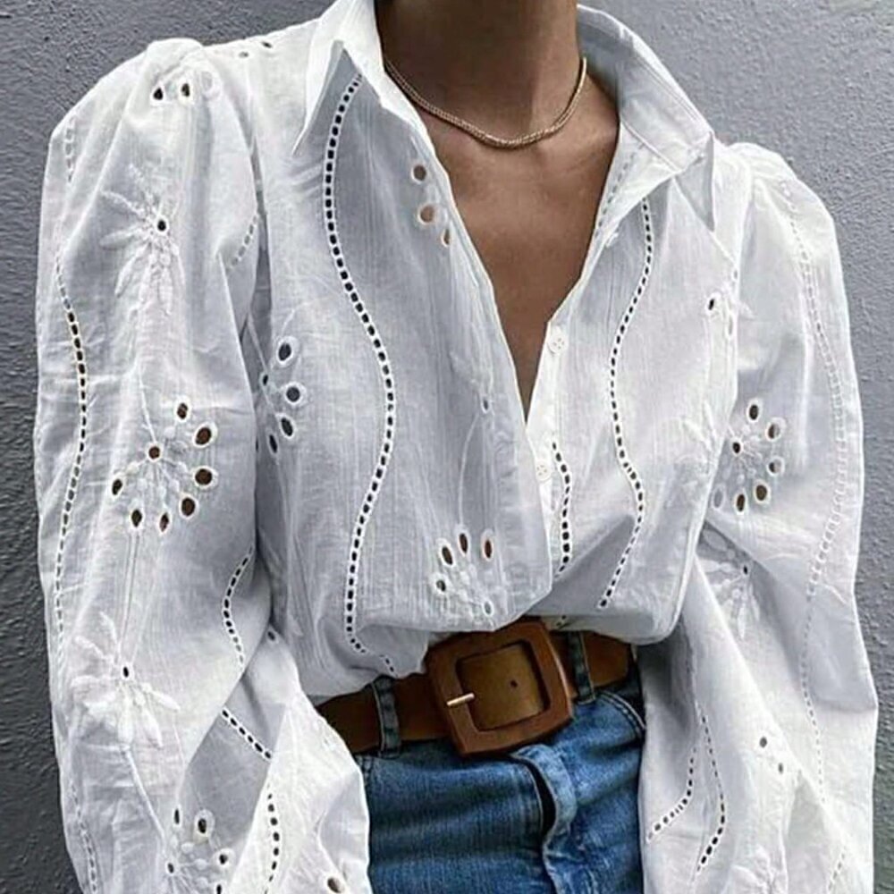 White Casual Women's Hollow Out Embroidery Button Front Long Sleeve Shirt